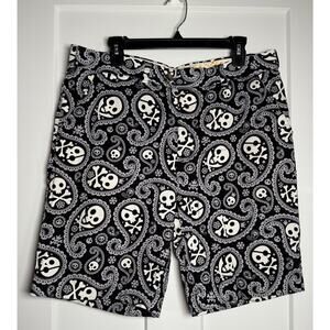 Loudmouth Golf Shorts~Paisley Skull & Crossbones Black & White Size 36 EUC